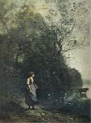 Jean Baptiste Camille  Corot Landscape with a peasant Girl grazing a Cow at the Edge of a Forest Spain oil painting artist